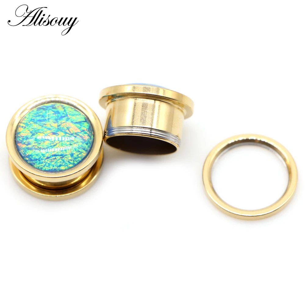 Alisouy 2pcs Stainless Steel Blue Opal Shell Earrings Ear Expanders plugs Stretchers Ear Tunnels Gauges Piercing Body Jewelry