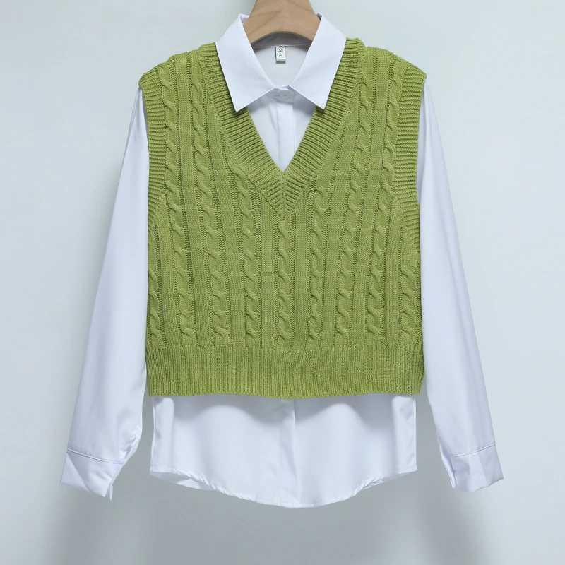 2023 Autumn Sweater Vest Women\'s Solid Knitted Vest Korean Style Student V-neck Pullover Loose Casual Knitting Tops Outerwear