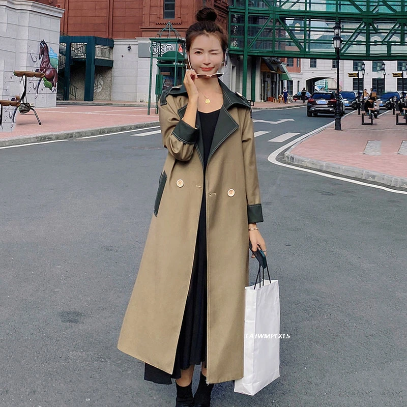 2022 New Spring Autumn Fashion Double-breasted Coat Woman Long Hit Color Windbreaker Loose Fit Bandage Trench Female FY162