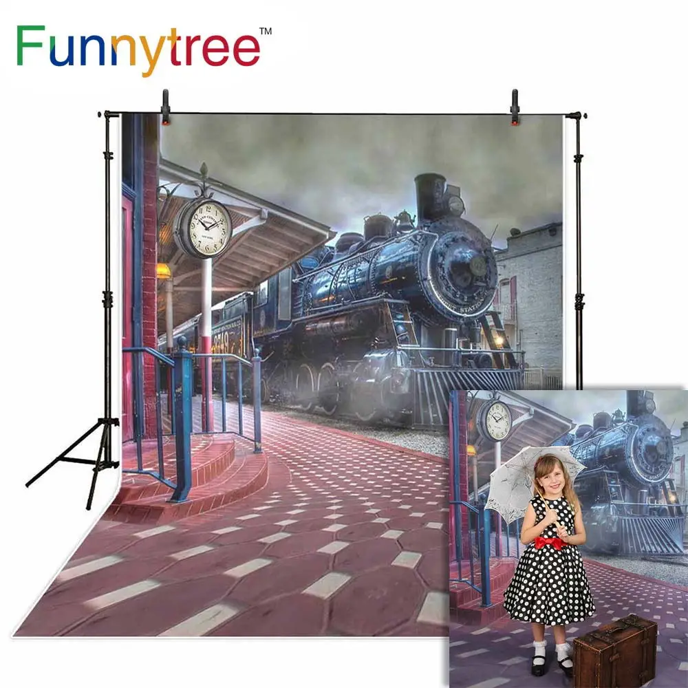 Funnytree train shipping backgrounds for photography studio Vintage train station city smoke backdrop  professional photocall