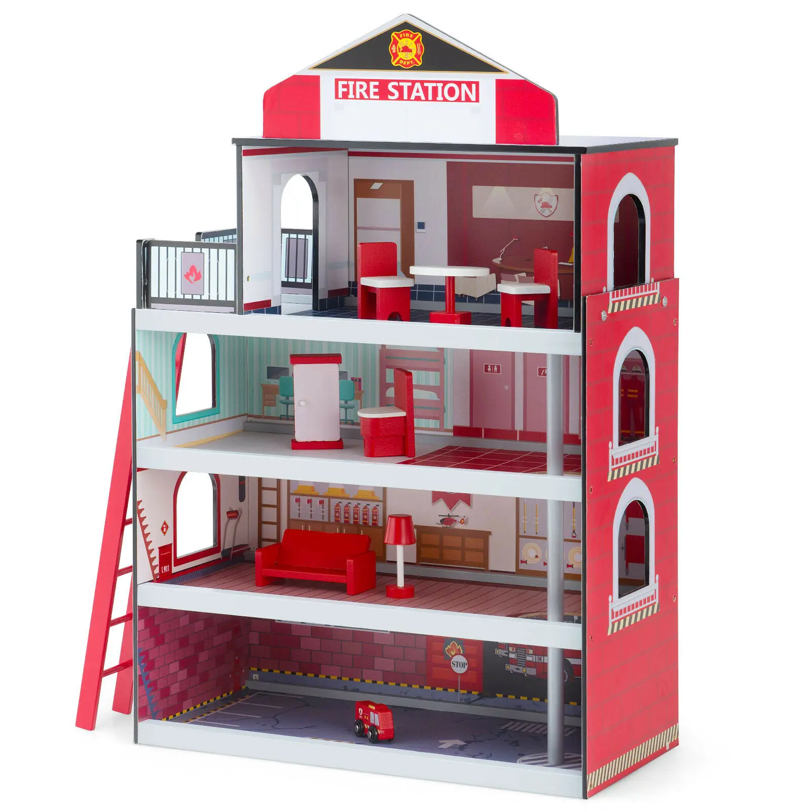 Costway Fire Station Playset Wooden Dollhouse Fireman Toys w/ Truck & Helicopter  TY327905