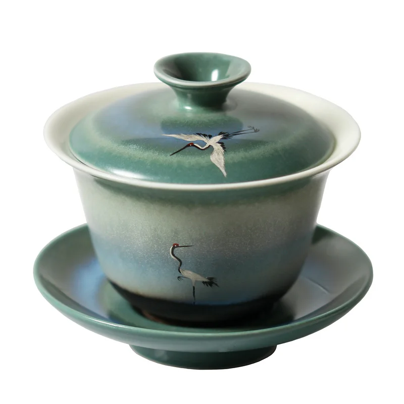 MuYan tureen jingdezhen kung fu tea tea cups is hand-painted color glaze on three to cover large bowl