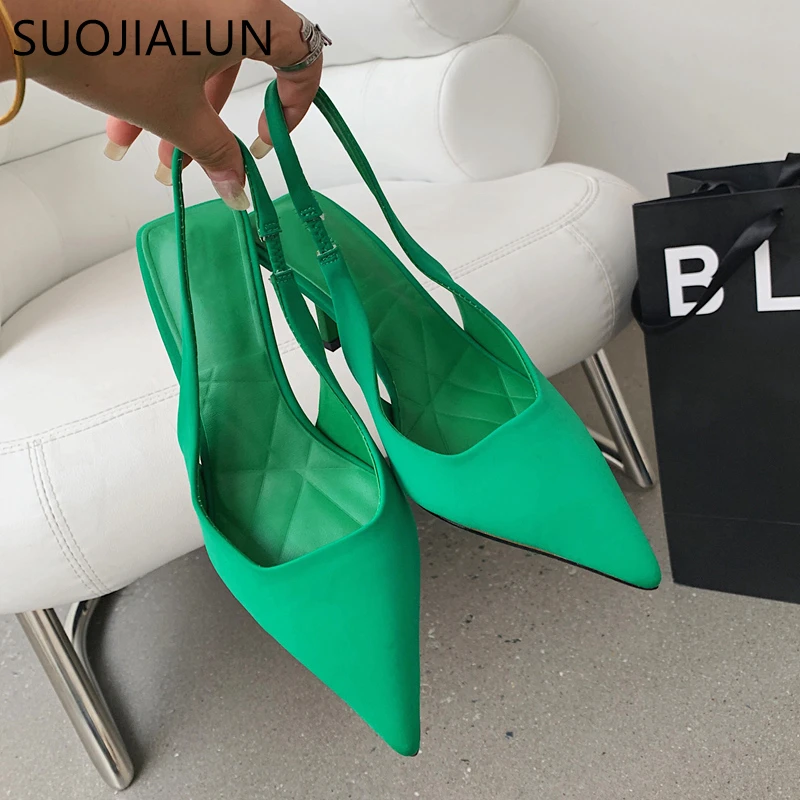 SUOJIALUN Fashion Thin High Heels Slingback Sandals Pointed Toe Slip On Mules Shoes Ladies Elegant Shallow Pumps Party Dress Sho