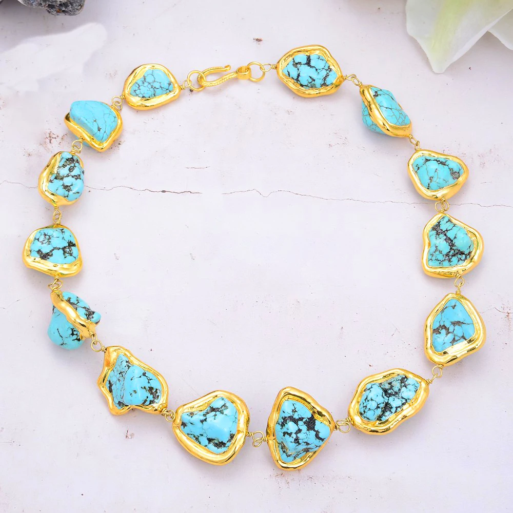 

Blue Howlite With Gold Color Plated Edge Strand Necklace Choker Necklace Ethnic Style For Women 18"