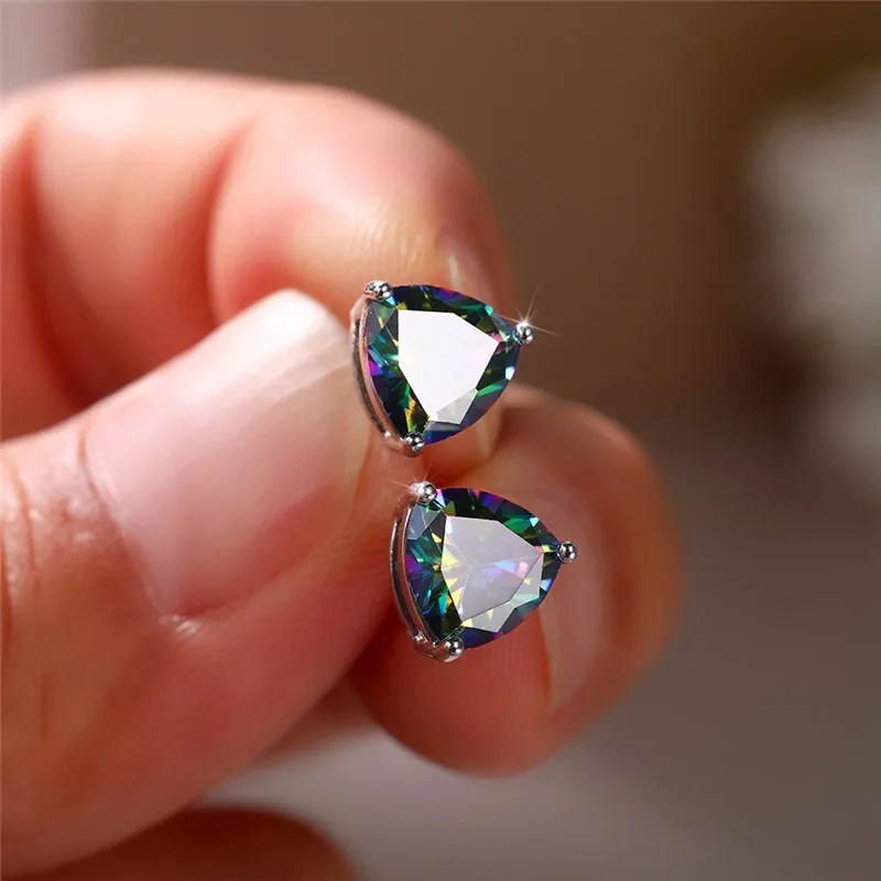 Huitan Minimalist Triangular Cubic Zirconia Stud Earrings for Women White/Multicolored/Green/Blue Colors Fashion Girls Jewelry