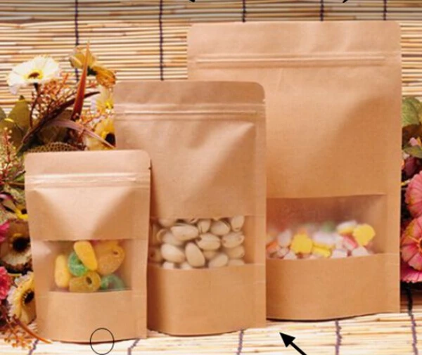 

100pcs Kraft Paper Frosted Clear Window Zipper Bag Reuse Self-sealed Candy Bread Stand Up Bags Cookie Coffee Bean Food Packaging