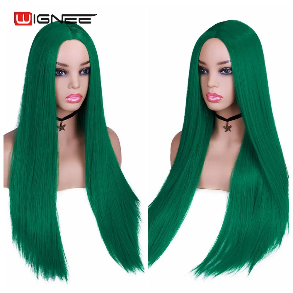 Wignee Groen Lang Steil Haar Synthetische Pruik Voor Vrouwen Dagelijks/Party/Cosplay Midden Deel Lijmloze Natuurlijke Vezel Pack haar Pruiken