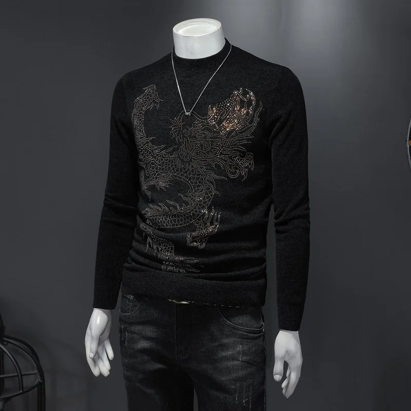 Mens New Short Slim Korean Style Fashion Diamonds Warm O-Neck Sweaters Black 3D Print Spliced Casual Vintage Pullovers Sweaters