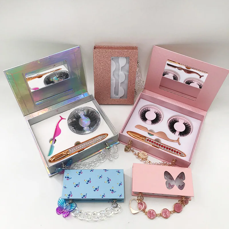 

Wholesale Butterfly False Lash Boxes Packaging Empty Rectangle Packaging Box Mink Lashes Case with Chain