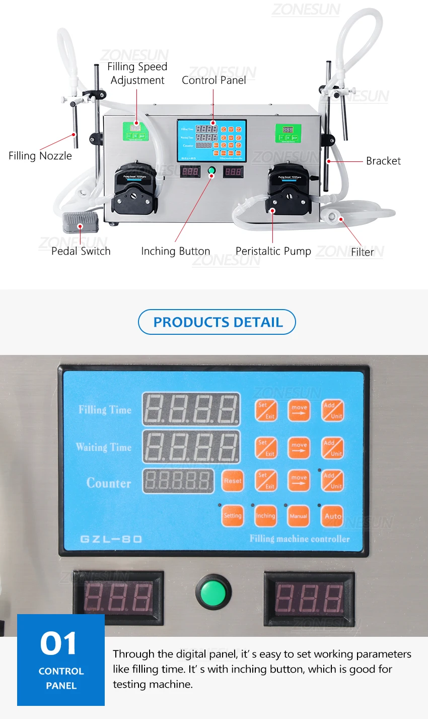 ZONESUN Semi-automatic 2 Nozzles Peristaltic Pump Liquid Filling Machine