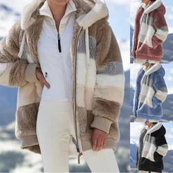 Winter Women's Jacket new Patchwork Zipper Pocket Hooded Jacket Fur Woman Coat new Size Thick Warm Women Top Winter Outerwear