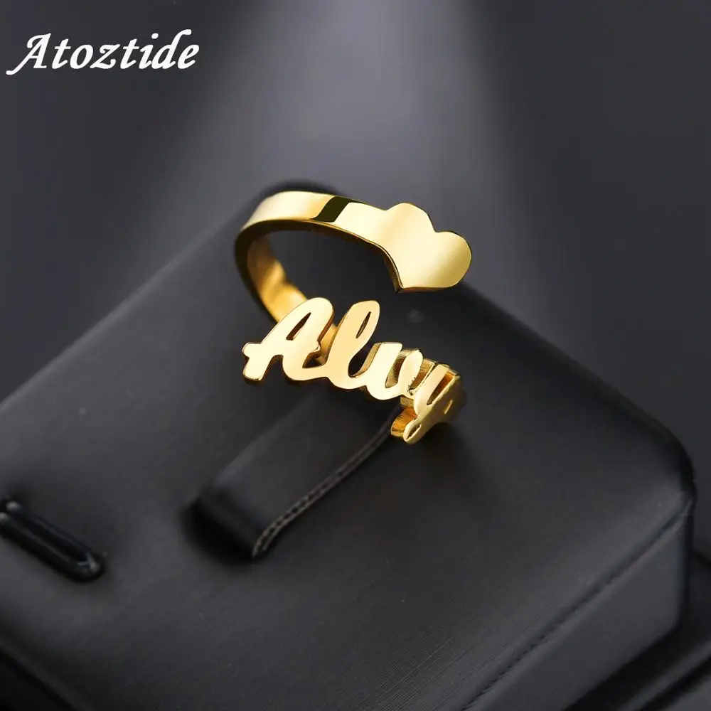 Atoztide Customize Fashion Stainless Steel Name Ring Personalize Letter Gold Color Ring Pendant Nameplate Jewelry Gift For Women