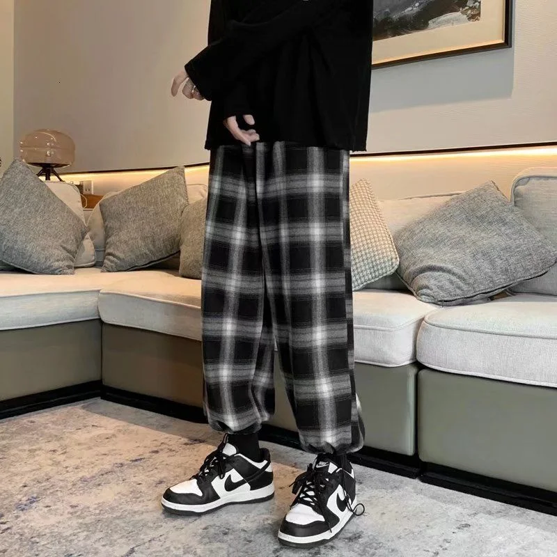 Calças de xadrez masculinas moda retro cor contraste casual calças masculinas streetwear solto hip-hop calças retas dos homens M-3XL