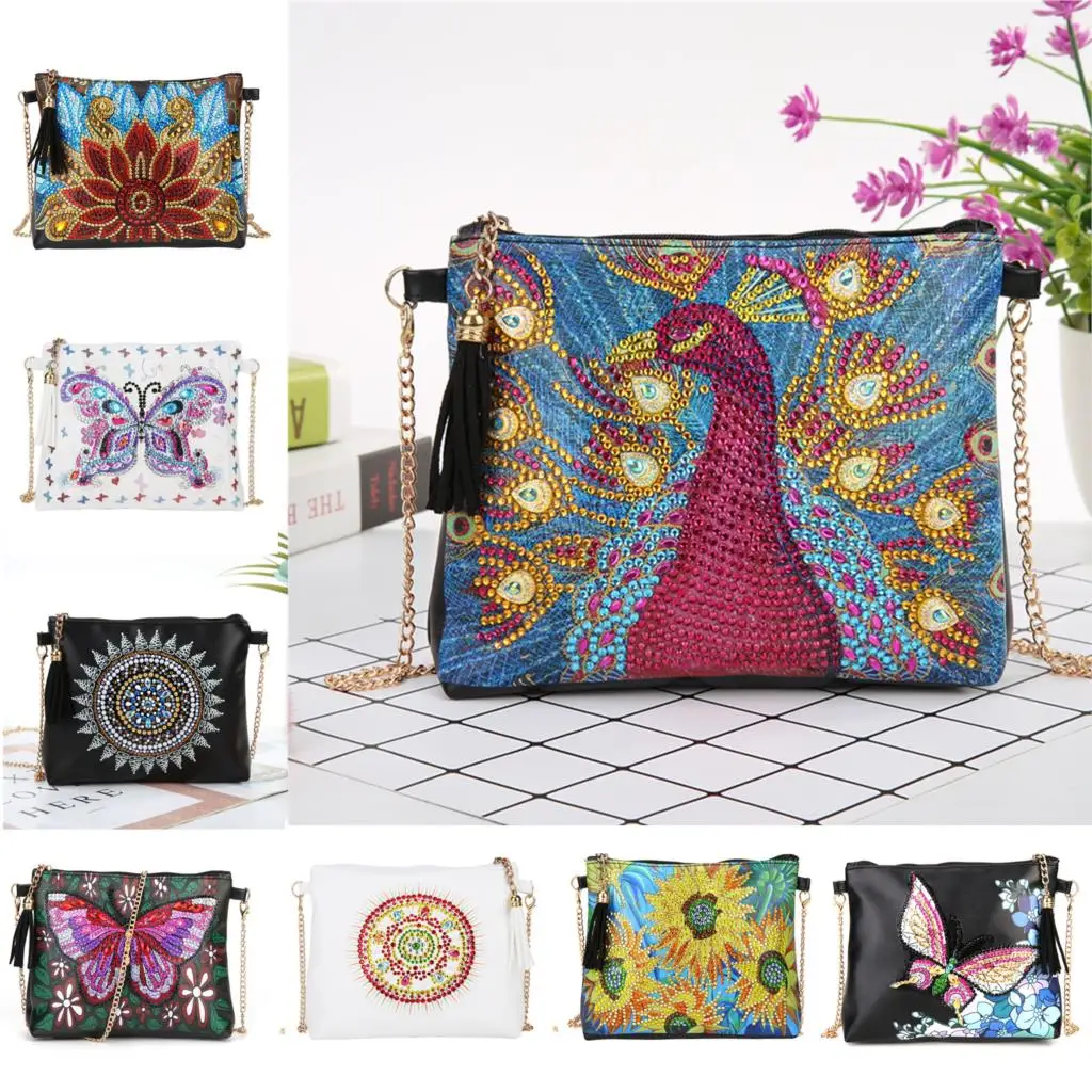 5D Diamond Painting peacock Butterfly Leather Crossbody Chain Bags DIY Diamond Embroidery Bag Purse Pouch