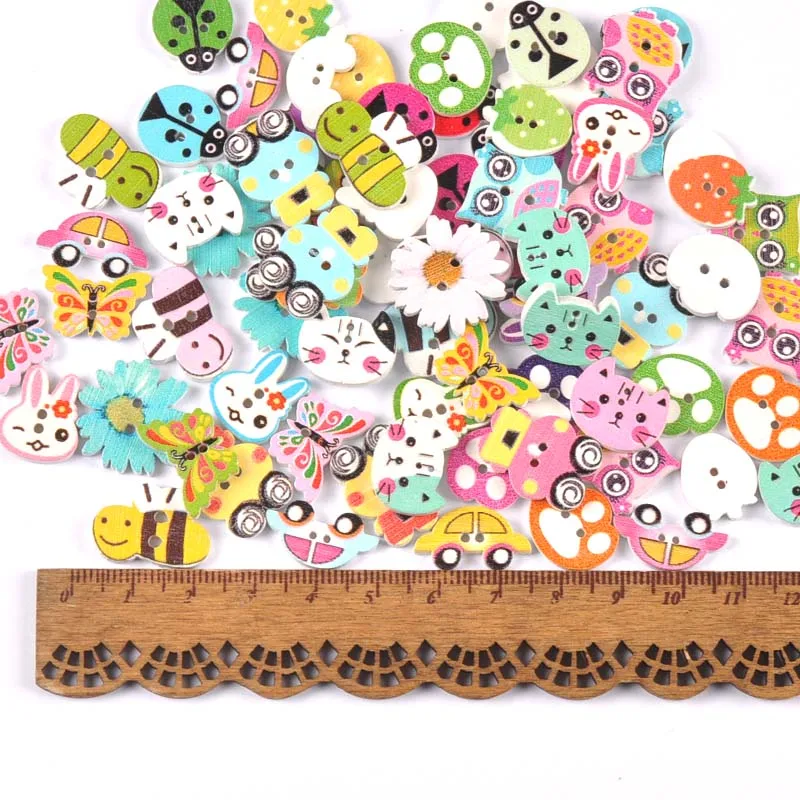 50pcs Mixed Mini Wood Animal Buttons Handmake Scrapbooking Crafts Sewing Clothing Accessories Cartoon Dog Cat Painted mt2660