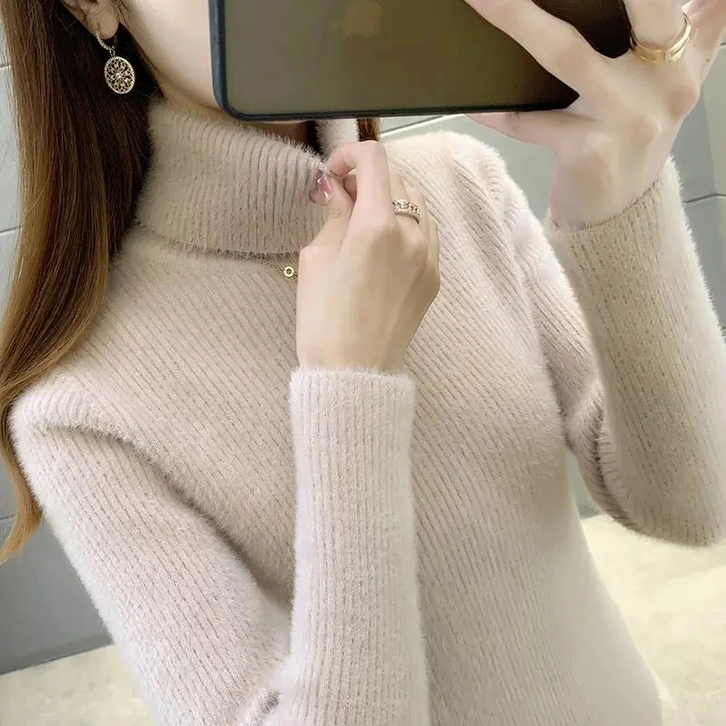 

Sweaters Women's Plus Size Knit Winter Knitted Imitation Mink Fur Sweaters warm Turtleneck Jumper Jerseys Sweater Woman A829