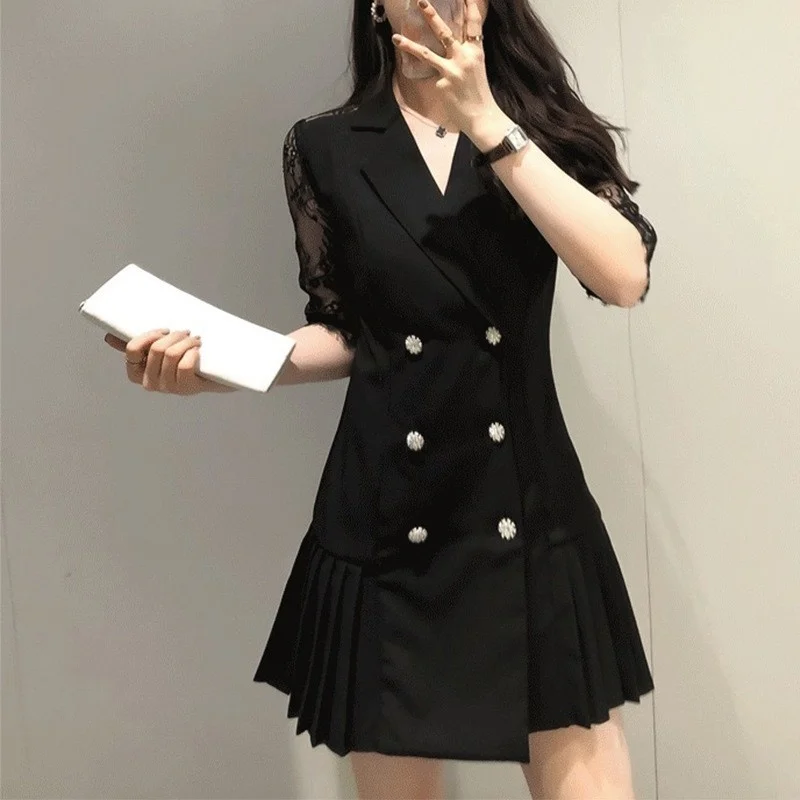 

Ladies Office Double Breasted Suit Dress Lace Short Sleeve Pleated Dresses Women Summer Elegant Slim Fit Black White Mini Dress