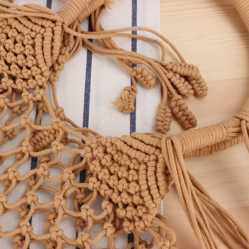 Ins Tassel Shoulder Woven Trendy Female Straw Beach Bag Degrees Handmade Cotton String Net Pocket Handbags Luxury Designer