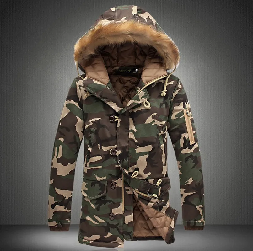 

Men's Woolen Coat Fashion Hooded Fur Collar Camouflage Cotton Padded Jacket Mid-Length Woolen Windbreaker Jacket Winter Men Coat