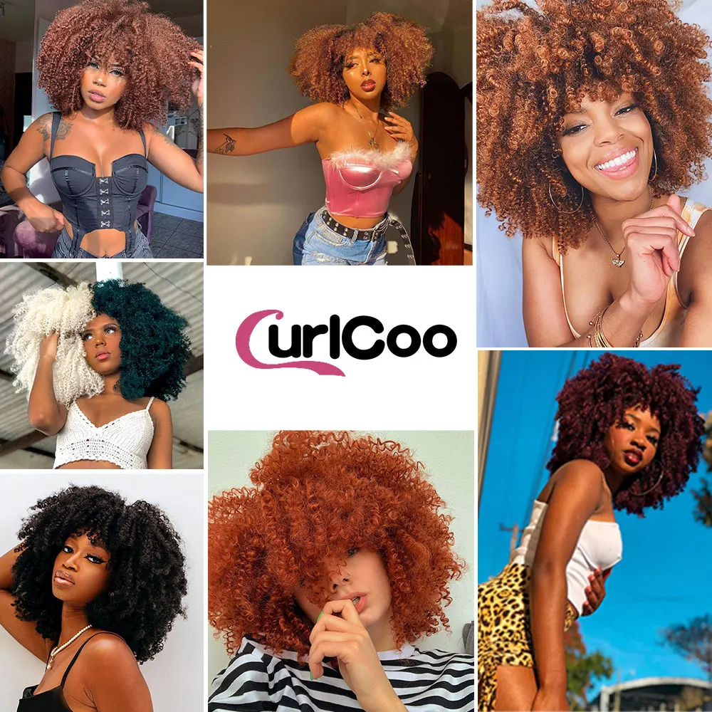 Krótkie włosy Afro peruki z kręconymi włosami z grzywką dla czarnych kobiet afrykańskie syntetyczne Ombre Cosplay brązowe blond peruki CurlCoo