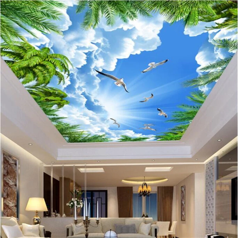 

Custom Larg Ceiling 3D photo Wallpaper Coconut Blue Sky White Cloud Seagull living room Ceiling обои Zenith Mural 3d wallpaper