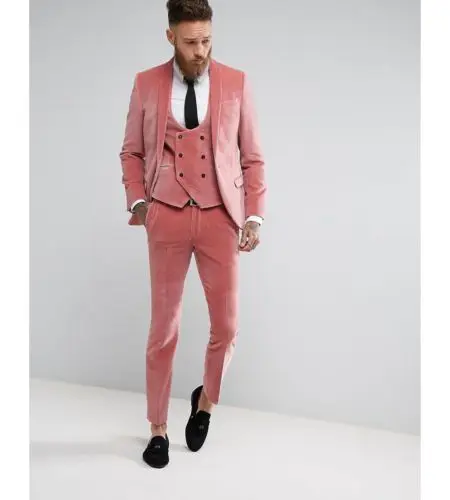 Personalizado rosa veludo ternos dos homens 3 pçs moda inverno noivo vestido de casamento fino ajuste terno smoking masculino jaqueta + colete +