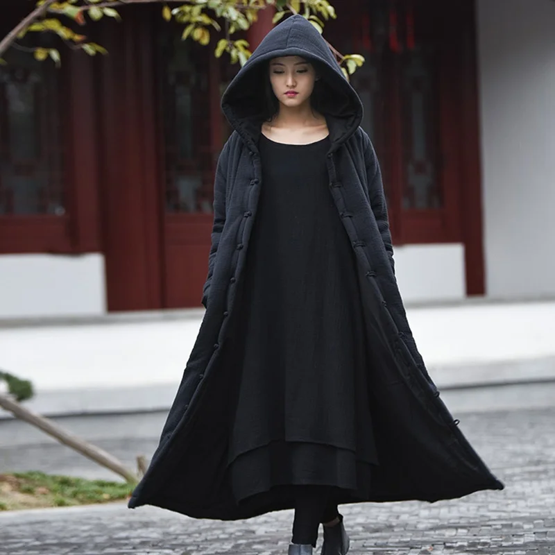 Winter New Women Long Coat Cotton Hooded Trench Coat Long Sleeve Warm Jackets Female Chinese Style Coat Loose Tang Suit