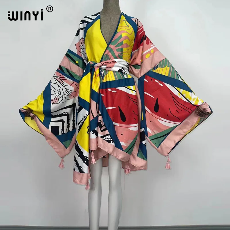 

WINYI 2021 Africa Summer Women Cardigan stitch new robe Cocktail sexcy Boho Maxi African Holiday Batwing Sleeve Silk Robe