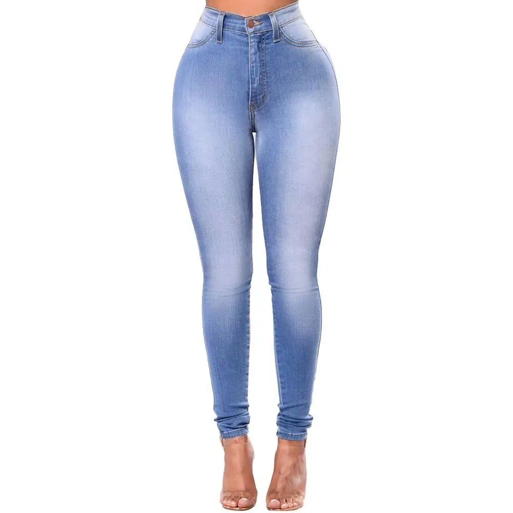 Fashion Women Denim Skinny Trousers High Waist Jeans Skinny Slim-Fit Washed Denim Long Pencil Pants Trousers For Female Sky Blue