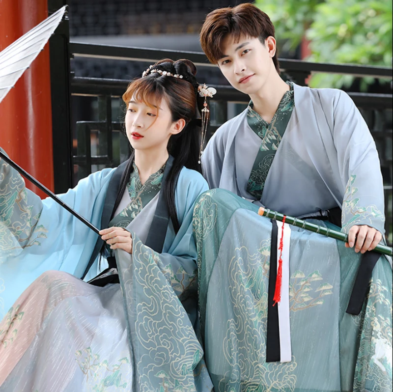 Hanfu Couples Chinese Ancient Vintage Hanfu Shoot Adult Carnival Cosplay Costume Green&Gray 3 Pcs Hanfu Outfit For Men&Women