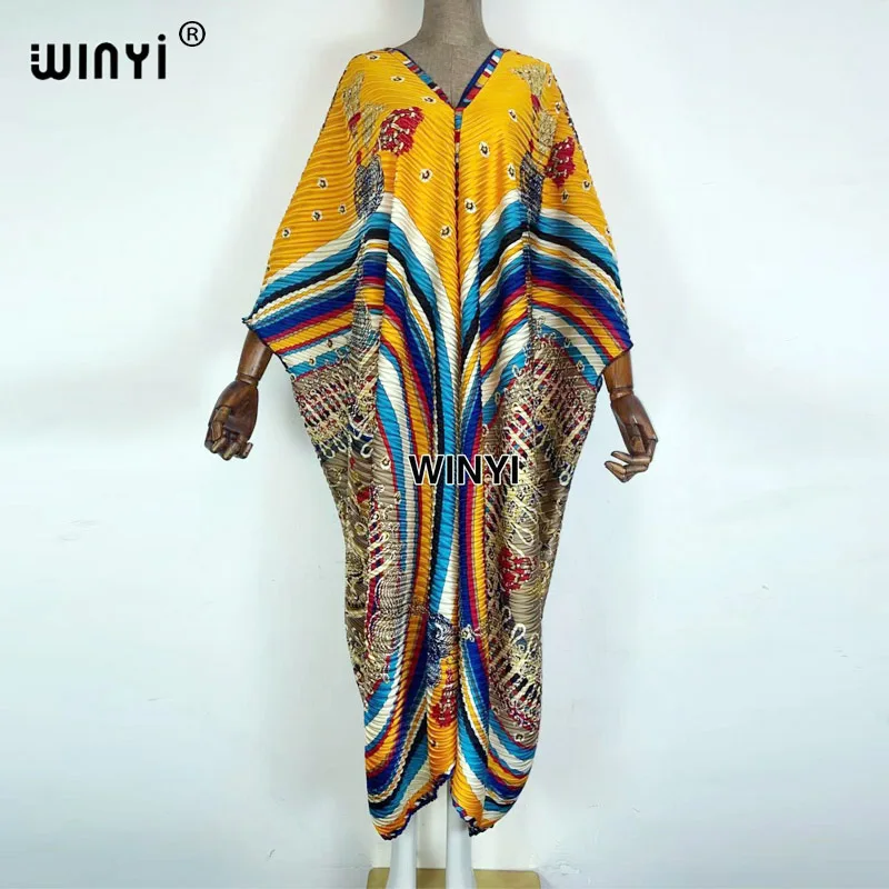 

Europe Printed caftan For Women crumple Design Loose Dress silk dress Maxi Long Femme Vestidos Summer Autumn Party Elegant Dress