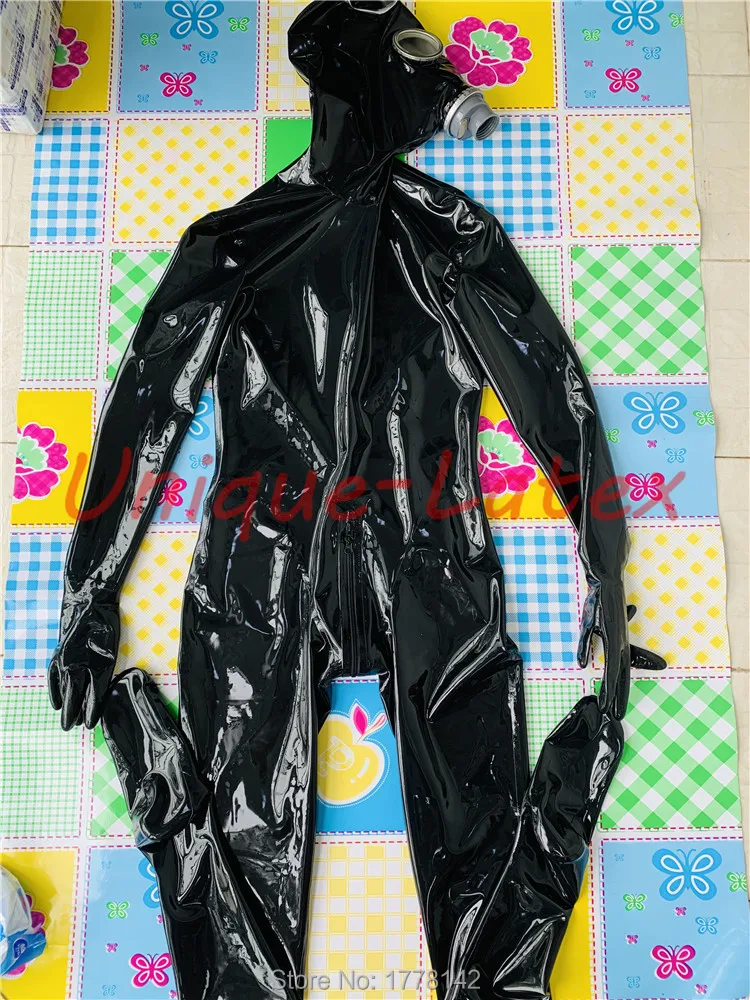 MEN LATEX CATSUIT FULL COVER LATEX UNITARD WITH GAS MASK BACK ZIP AND CROTCH ZIP