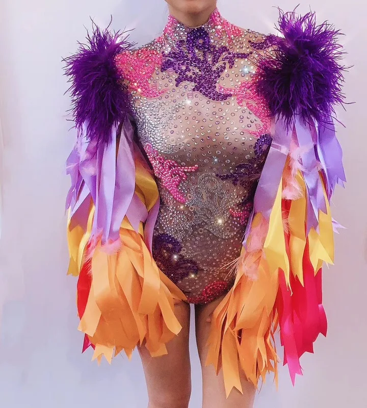 Dropshipping Colourful Feather Sleeve Rhinestone Bodysuit Women Nightclub Bar Party Outfit Performance Dance Costume