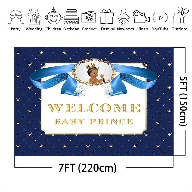 Mocsicka Baby Shower Backdrop Royal Boy Prince Bule Background Customized Banner Decoration Photography Backdrops Studio Shoots