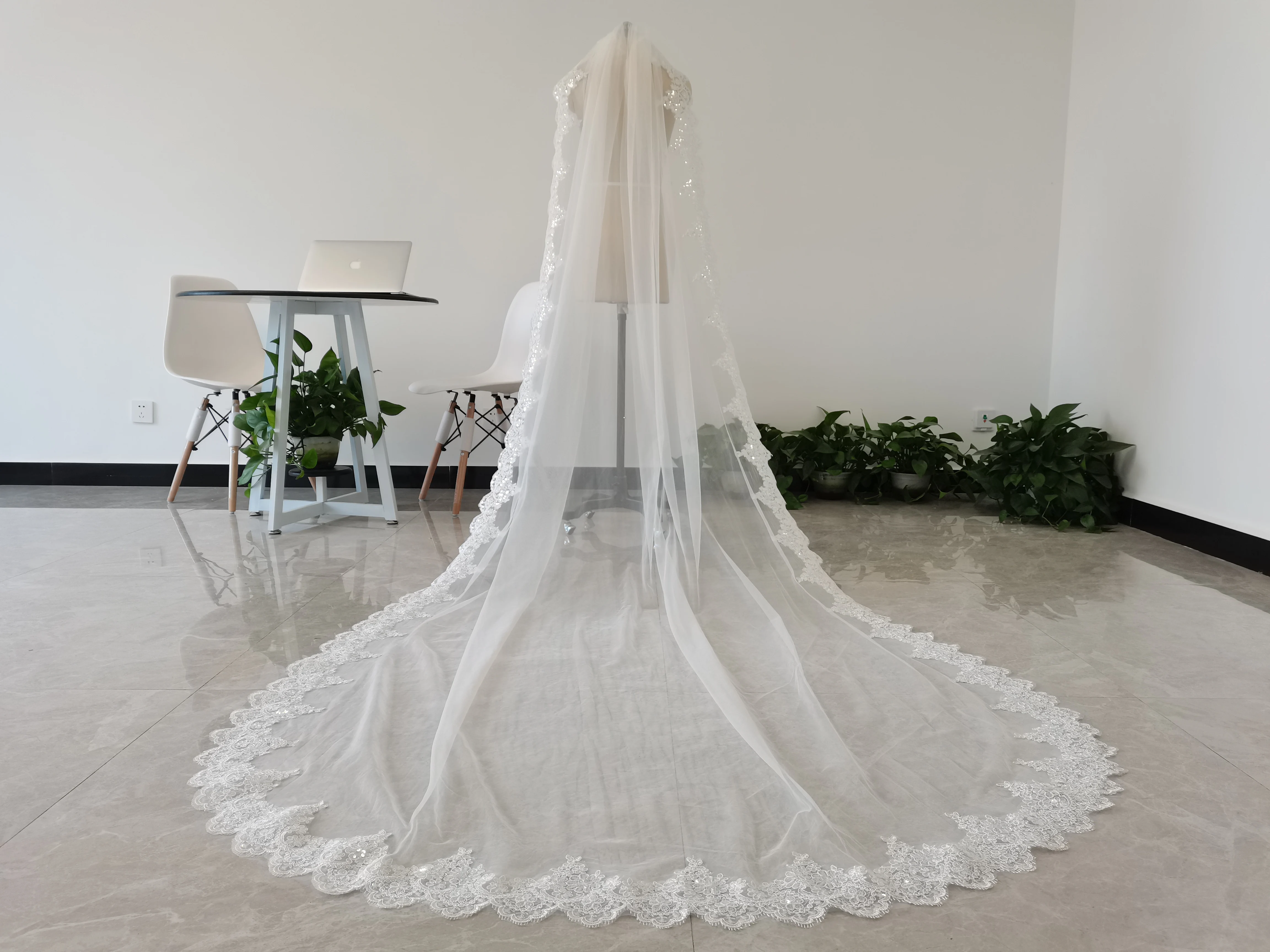 Voile de mariage blanc ou ivoire, une couche, en dentelle, paillettes, brillant, pour mariage