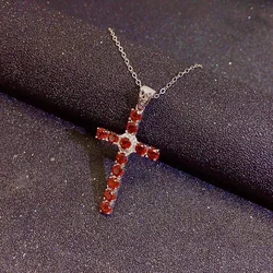 Fashion Sterling Silver Cross Pendant for Office Woman 3mm Natural Garnet Necklace Pendant Solid 925 Silver Garnet Jewelry