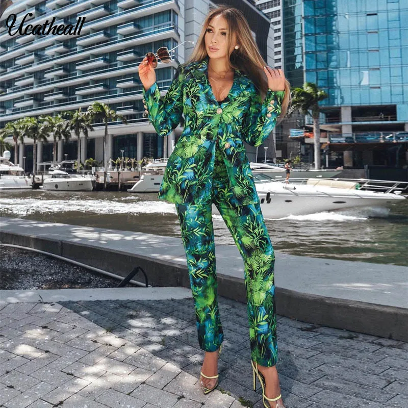 Casual High Waist Floral Printing Two Pieces Pant Set Women Long Sleeve Kimono Blazer Jacket +straight Pants 2 Piece Outfit