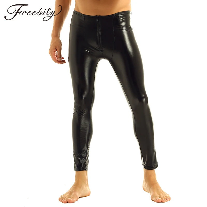 Mens Patent Leather Pants Stage Skinny Performance Pants Stretch Leggings Men Sexy Bodywear Trousers Underwear Clubwear