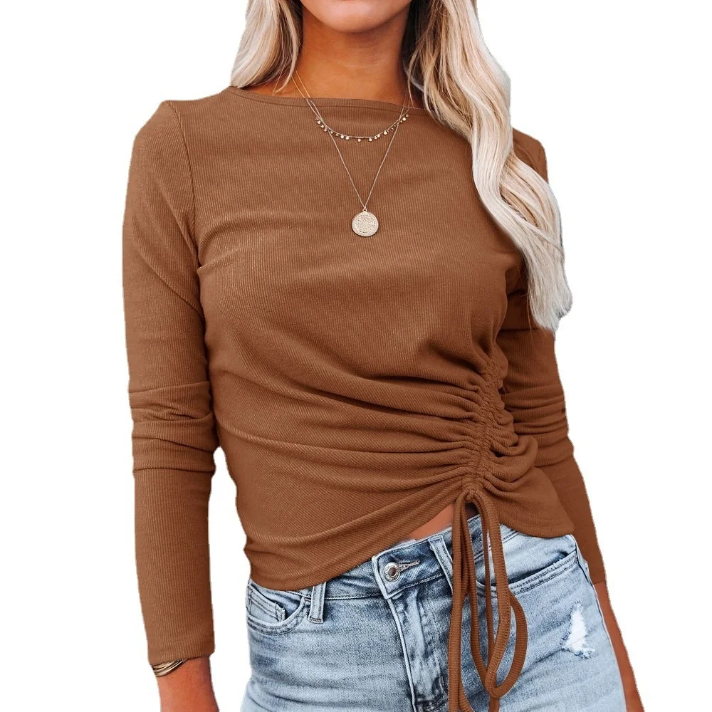 2023 Autumn Winter New Women Solid Color Tops Drawstring Long Sleeves Shirts Fashion Clothes Bottoming Female Casual Sweaters