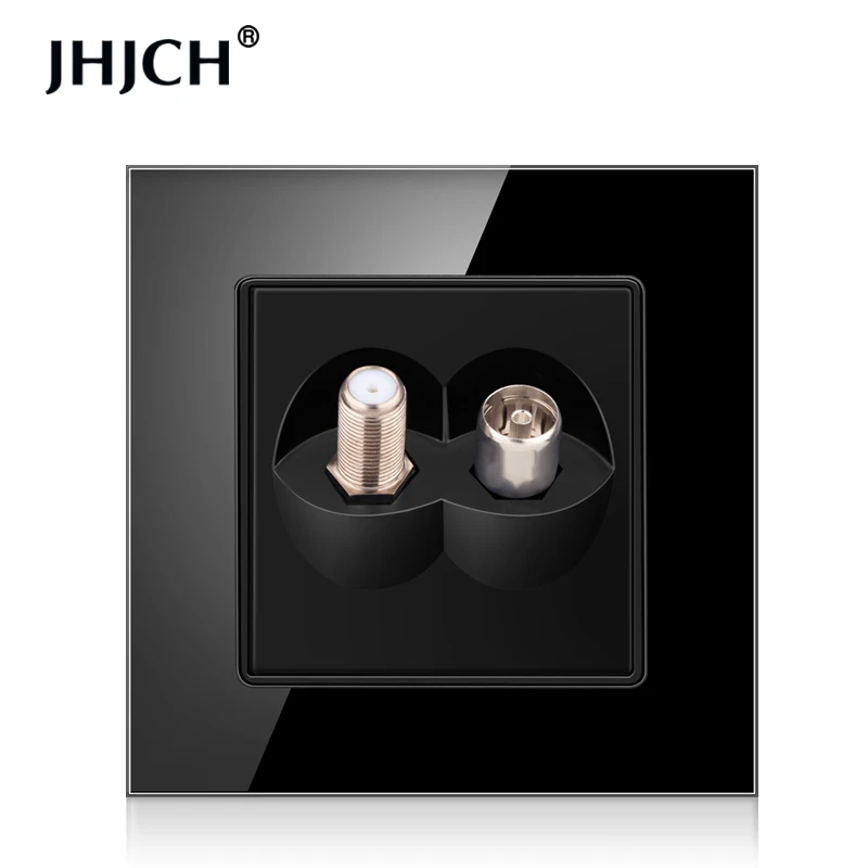 JHJCH TV socket, female connector with satellite output, tempered crystal glass panel, 4 colors, white, black, gray, gold