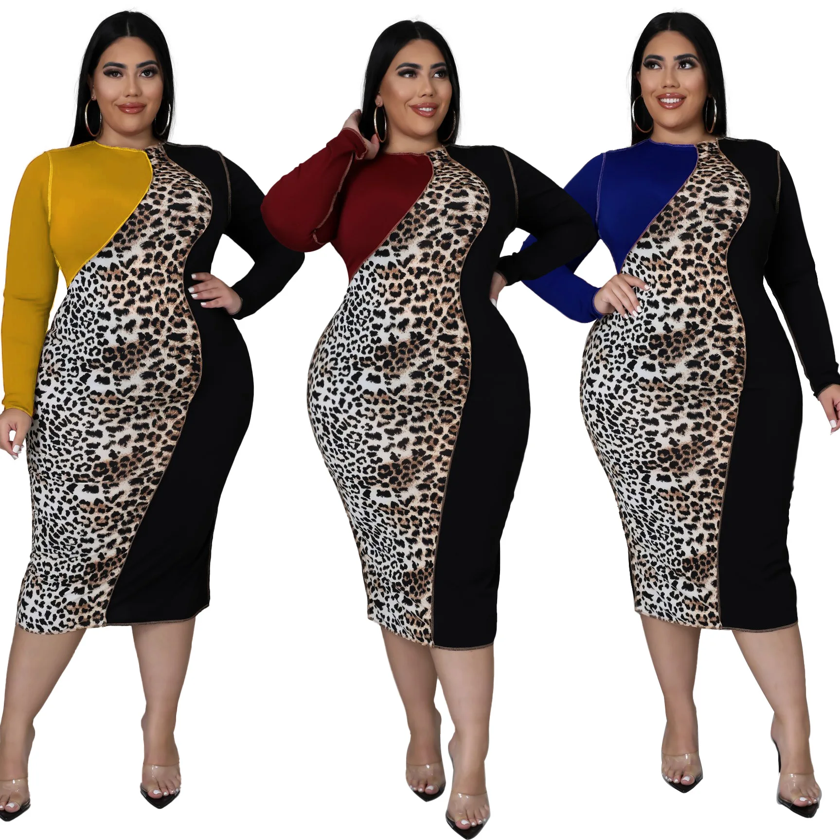 Streetwear Luipaard Patchwork Mode Elegant Midi Jurk Ronde Hals Lange Mouw Casual Plus Size Vrouwen Kleding 4xl 5xl Groothandel