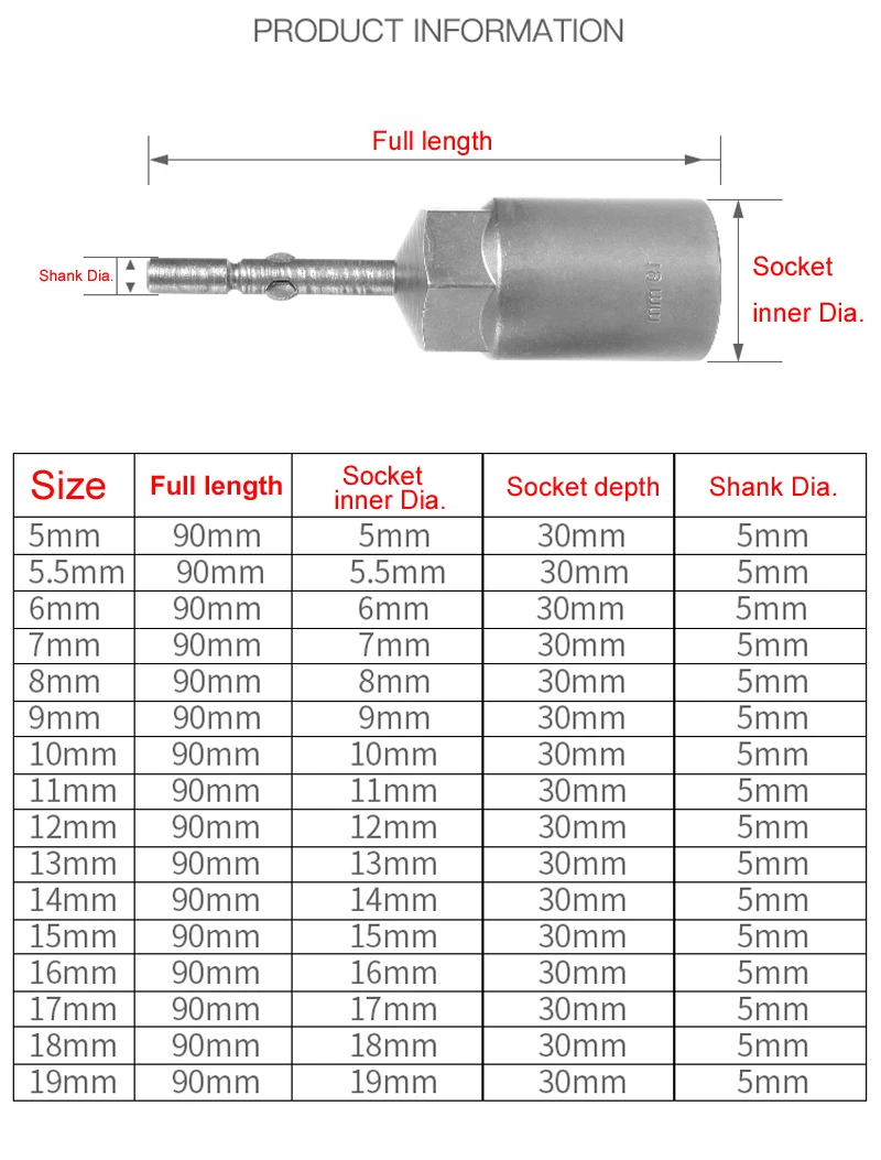 1pcs 90mm Full Length Extra Deep Bolt Nut Bit Set Metric 801 5mm Round Shank Impact Socket Adapter For Power Tools 5-19mm choose