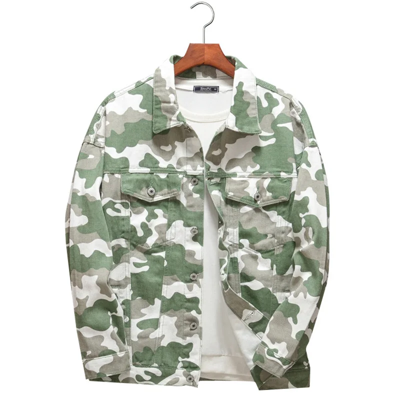 Men's Camouflage Printed Denim Jacket Casual Coat Army Green Red