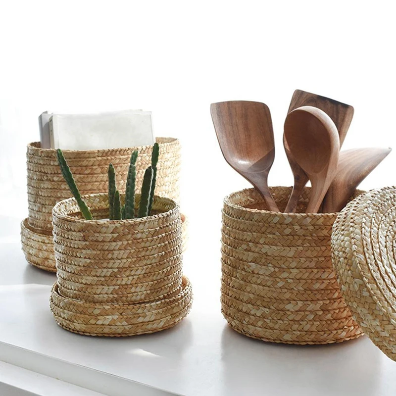 

3 Pcs/Organizer Storage Box Laundry Baskets Rattan Flower Baske Set Handmade Straw Woven With Lid Snack Basket