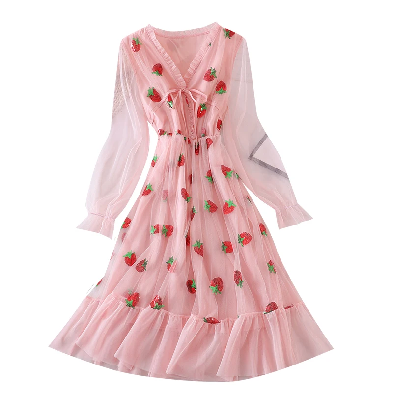 

Sequined Embroidery Sweet Pink Black Strawberry Dress Women's V-Neck Puff Sleeve Bow Tulle Mesh Pleated Dress