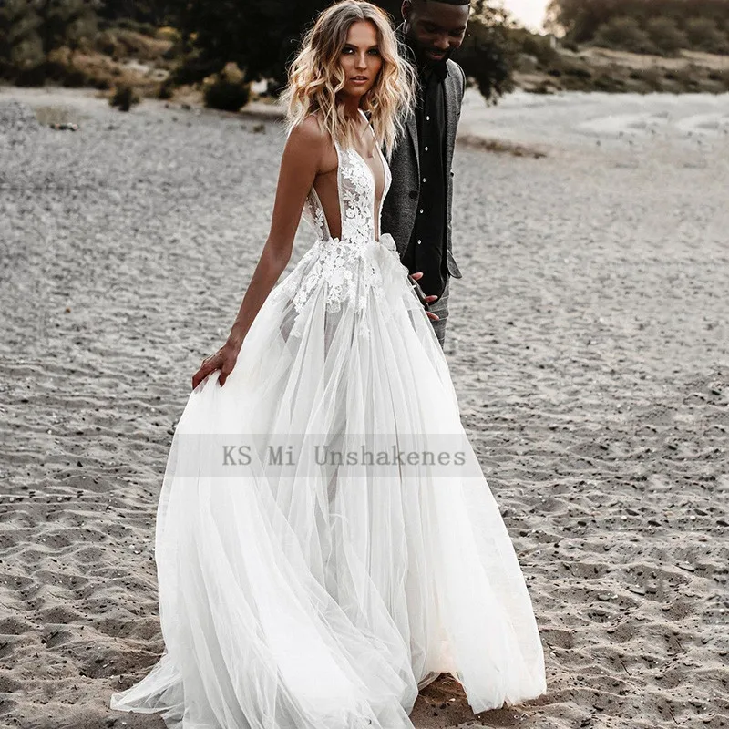 Sexy Boho Wedding Dress Lace Backless Wedding Gowns Romantic 2021 Beach Bridal Dresses A Line Haute Couture Robe de Mariage