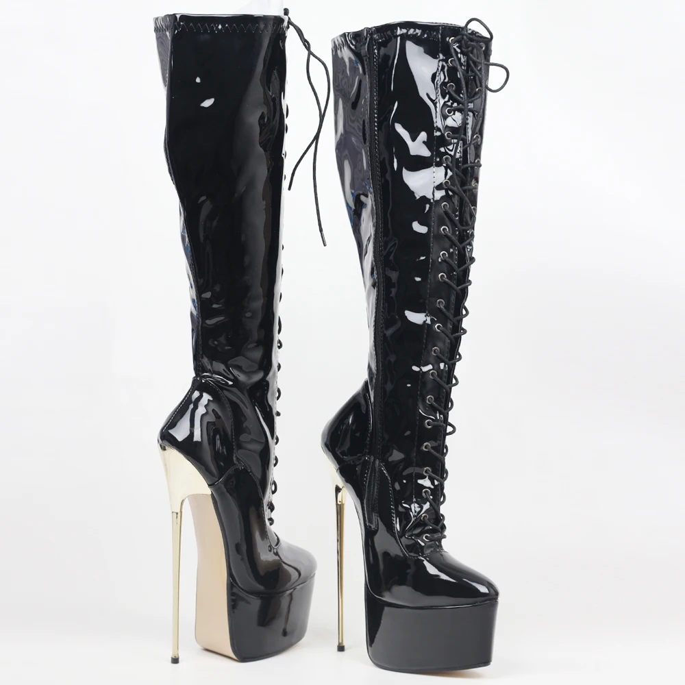 jialuowei 22CM Ultra High Heel Gold Metal Heels PU leather Lace-Up Knee High Platform Women Sexy Fetish Dance Motorcycle Boots