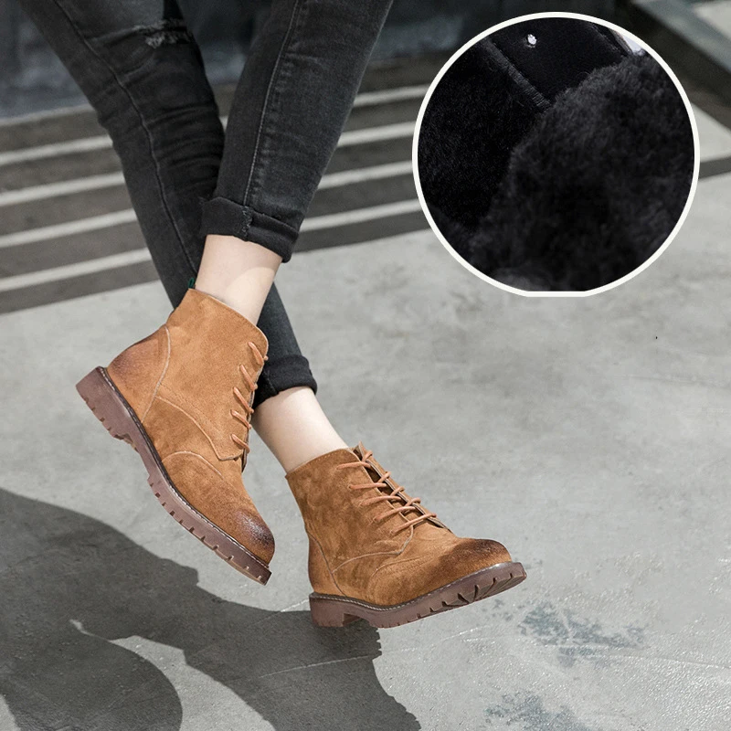 2024 Autumn Winter Female Boots Genuine Leather Women Shoes Suede Women Booties British Lace Retro Trend Women Naked Boots