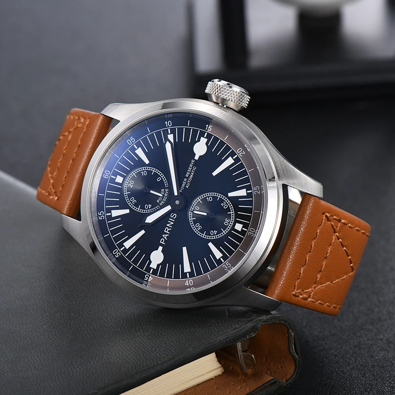 Casual Parnis 46.5mm Black Dial Automatic Mechanical Men Watch Power Reserve Brown Leather Strap Men's Watches herren uhren 2024