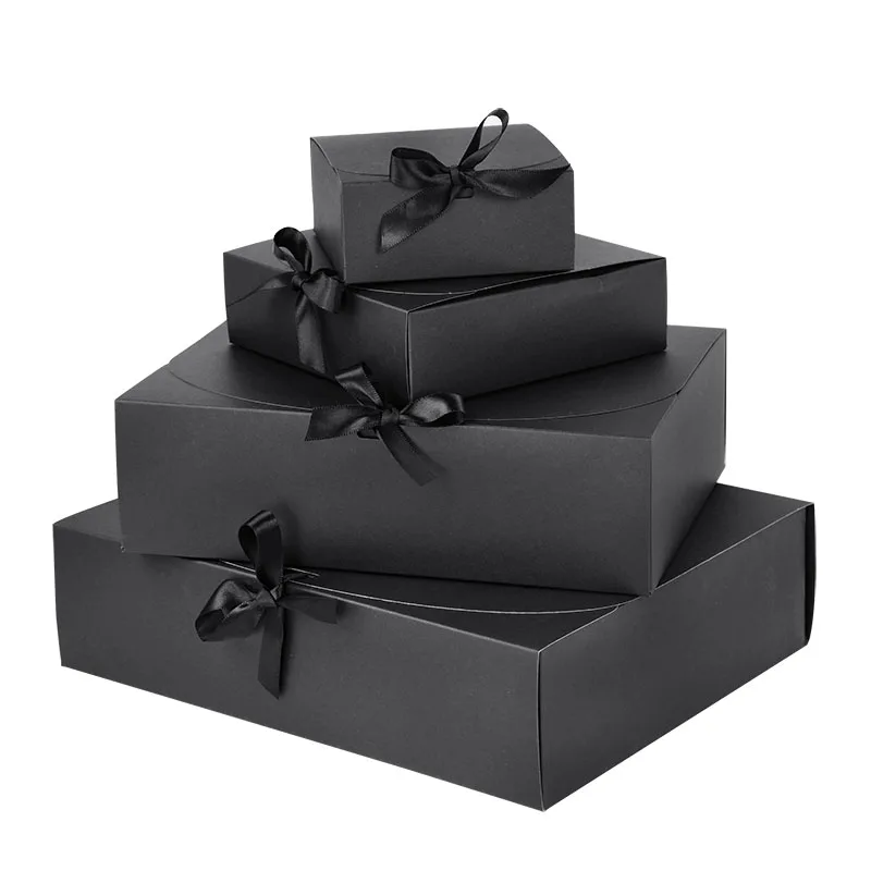 Small Large Size Kraft Paper Boxes with Ribbon White Black Paper Bags for Candy Sweet Packaging Supplies Event Party Gift Box